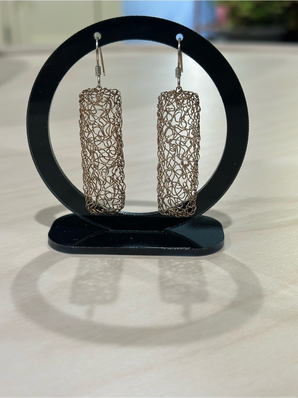 Bronze Tone Wire Wrapped Rectangular Dangle Earrings (Unsigned)